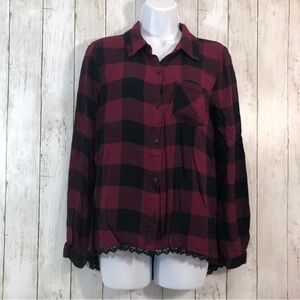 Eyeshadow Plaid Button Up Crossover Back Lace Trim Shirt Medium